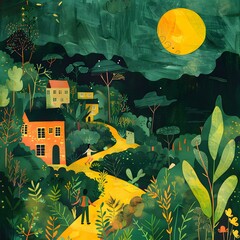 Sticker - Nighttime Village with a Yellow Path