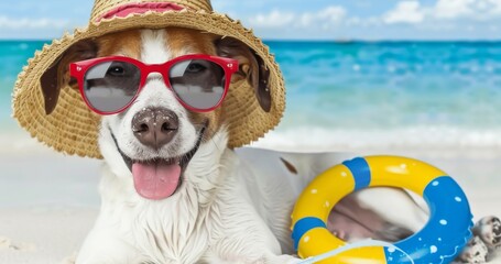 Poster - happy dog in hat and sunglasses