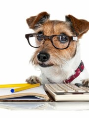 Poster - jack russell secretary accountant dog with calculator, a note pad and pencil