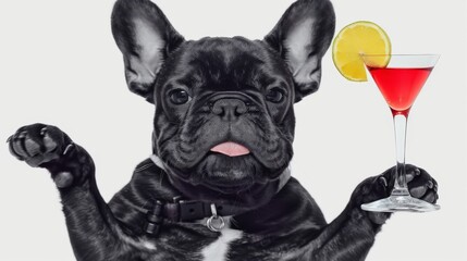 Sticker - french bulldog dog holding martini cocktail glass ready to have fun and party