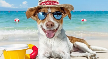 Poster - happy dog in hat and sunglasses