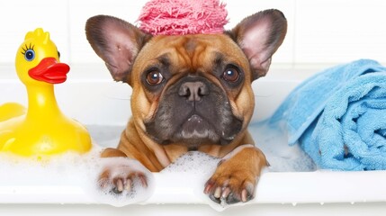 Poster - french bulldog dog in a bathtub