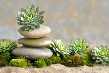 Canvas Print - Zen Garden Stones and Succulents on Burlap Background