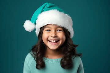 smiling girl in turquoise Christmas santa hat