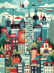 Canvas Print - Colorful Cityscape Illustration With Buildings And Sky