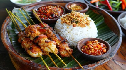 Wall Mural - Indonesian Chicken Satay with Rice and Chili Sauce