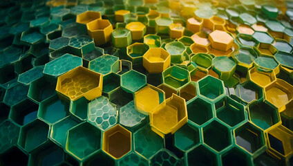 Wall Mural - Abstract Hexagon Pattern:  A mesmerizing abstract pattern of green and yellow hexagons. The geometric shapes create a sense of order and repetition, while the vibrant colors evoke energy and dynamism.