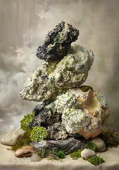 Wall Mural - Abstract Rock Formation With Green Moss And Succulents