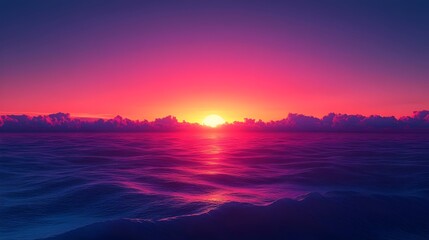 A vibrant sunset paints the sky with hues of pink and orange as the sun dips below the horizon, casting a warm glow over the calm ocean waters.