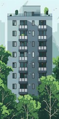 Wall Mural - Modern Building Illustration With Green Trees