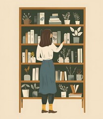 Wall Mural - Woman Reaching For Book On Shelf With Plants