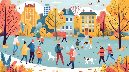 Sticker - People Walking in Fall City Park Illustration