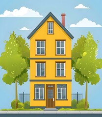 Poster - Yellow House with Green Trees and Blue Sky