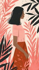 Canvas Print - Woman in Pink and Red Dress Standing in Front of Tropical Leaves