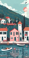 Wall Mural - Colorful Illustration of a Small Coastal Town with Boats in a Canal