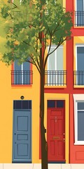 Vibrant Colorful Illustration of a House with a Red Door and a Green Tree