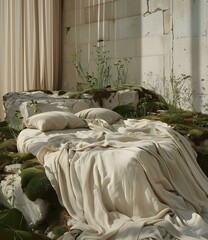 Sticker - Bed in a Minimalist Bedroom with Plants and Sunlight