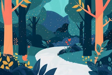 Sticker - Forest Path With Trees And Flowers Illustration