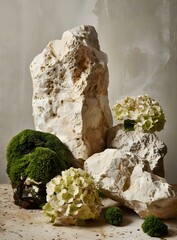 Wall Mural - White Hydrangea and Moss with Stone Background