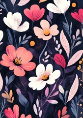 Sticker - Floral Pattern with Pink, White, and Yellow Flowers on a Dark Blue Background