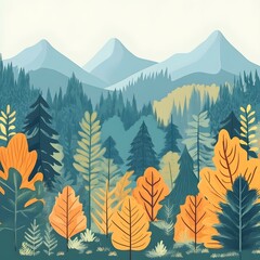 Wall Mural - Autumn Forest Landscape With Mountain Background