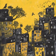 Canvas Print - Yellow Sky Black and White Illustration of a Cityscape with Birds