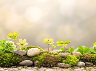 Canvas Print - Green Plants Growing on Moss Covered Rocks