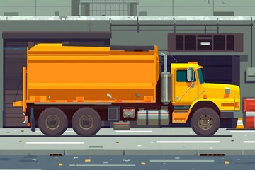 Wall Mural - Yellow Garbage Truck In Front Of Building