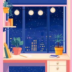 Wall Mural - Night View From Window Illustration