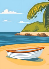 Sticker - Tropical Beach with Boat and Palm Tree Illustration