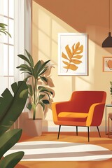 Wall Mural - Orange Armchair in a Modern Living Room with Sunlight