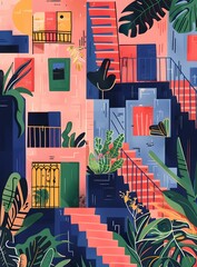 Poster - Colorful Illustration of Stairs and Plants in an Urban Setting