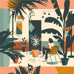 Canvas Print - Woman Sitting in a Room with Plants Illustration