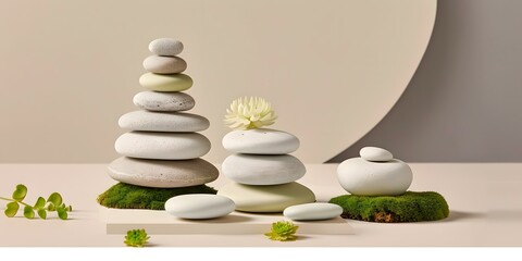 Poster - Stacked Stones with Green Moss and Flower