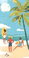 Wall Mural - Summer Beach Vacation Illustration with Palm Tree and Three People