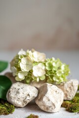 Poster - White Stones With Green Moss And Flowers