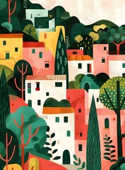 Wall Mural - Colorful Illustration of a European Village with Houses and Trees