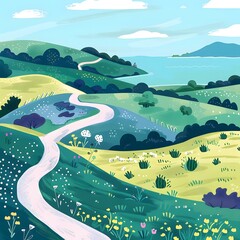 Poster - Winding Road Through Lush Green Landscape With Blue Sky And Sea