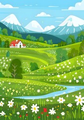 Canvas Print - Beautiful Spring Landscape with a River and House