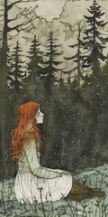 Wall Mural - Young Woman Sitting in the Forest