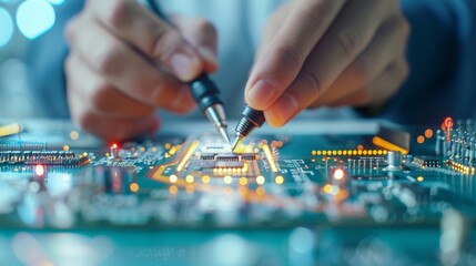 A close up of a computer chip with a soldering iron on it