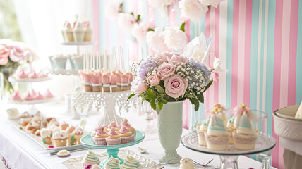 Birthday tablescape or candy bar with sweets, Birthday cake and cupcakes, beautiful party and celebration