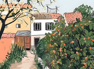 Poster - Illustration of a House with Trees and Flowers