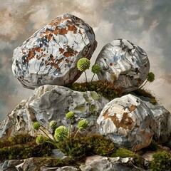 Sticker - Rock Formation with Green Plants and Mossy Texture