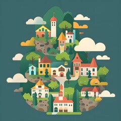 Sticker - Colorful Illustration of a Small Town on a Hill