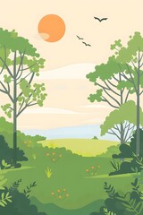 Poster - Green Meadow Landscape With Sunset And Birds