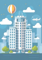 Wall Mural - Modern Cityscape with Hot Air Balloon and Airplane