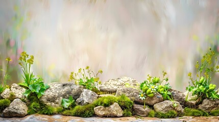 Green Plant With Rock Wall Nature Background