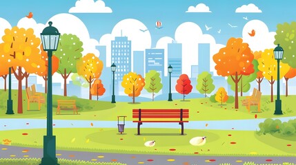 Canvas Print - Autumn Park Scene with City Skyline in Background