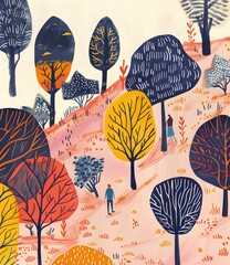 Wall Mural - Colorful Abstract Trees and People Walking in Nature